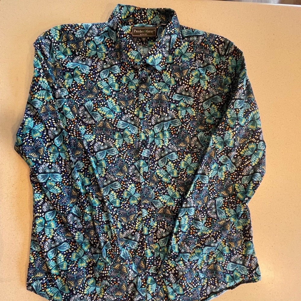 Paisley & Gray Mens XXL Slim Fit Butterfly Print Button Down Shirt Blue Teal